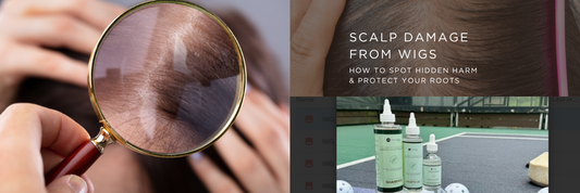 woman checking scalp health while removing glueless wig—TRU Connoisseur Solutions promotes root-friendly wig installs